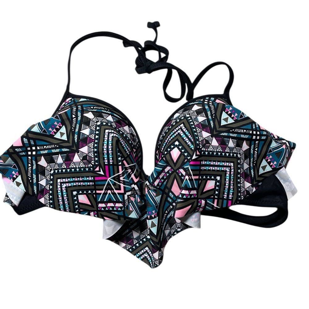 Rue Bleu Flounce Halter Bikini Top  Geo Print Push Up Size XL‎